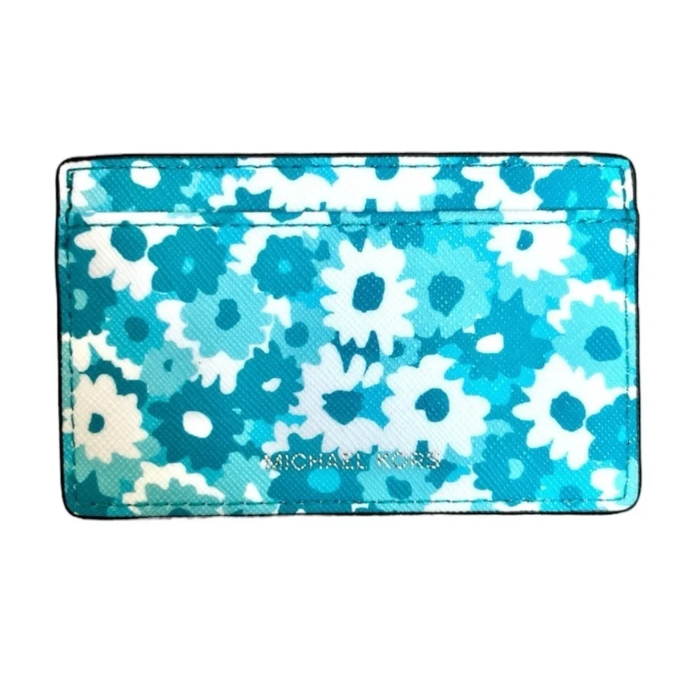 NWOT Michael Kors Teal Floral Leather Card Holder